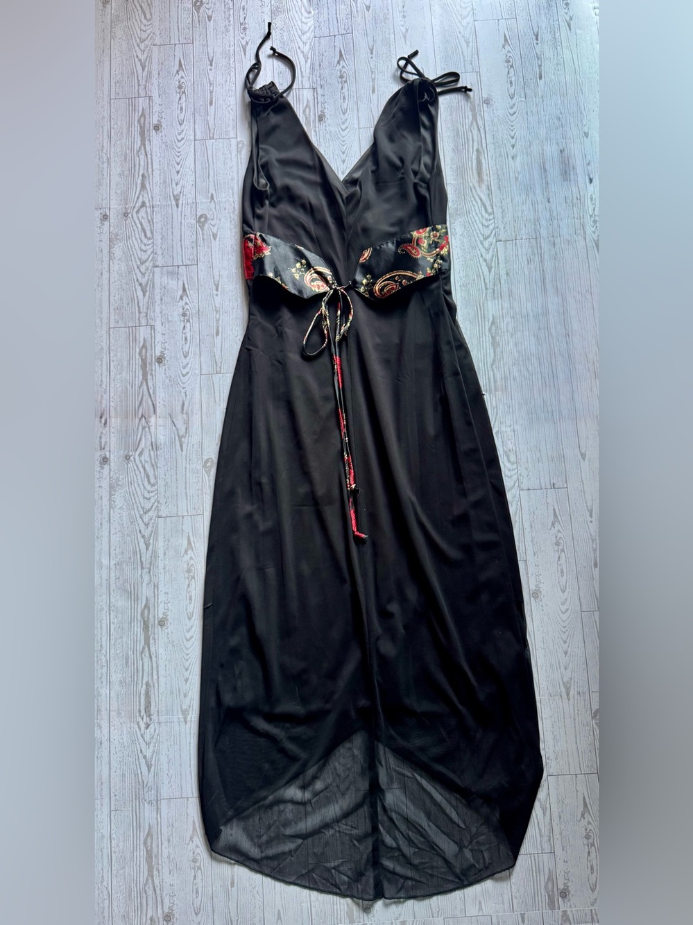 Black High-Low Dress w/ Floral & Black Sash, Conched Shoulder Ties - Size Medium - Picture 5 of 11